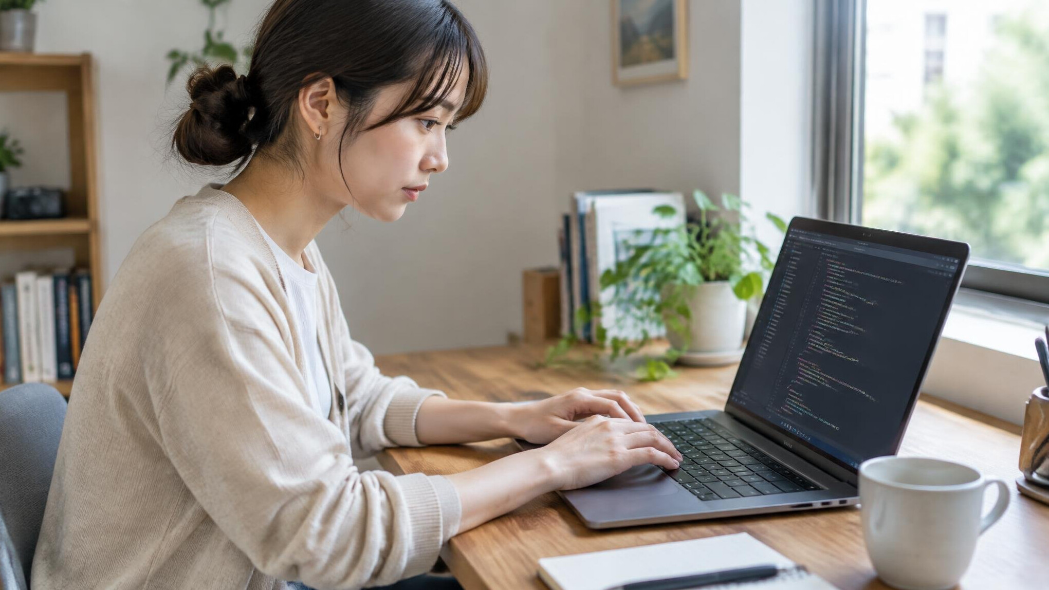 Japanese person coding on a laptop at a wooden desk