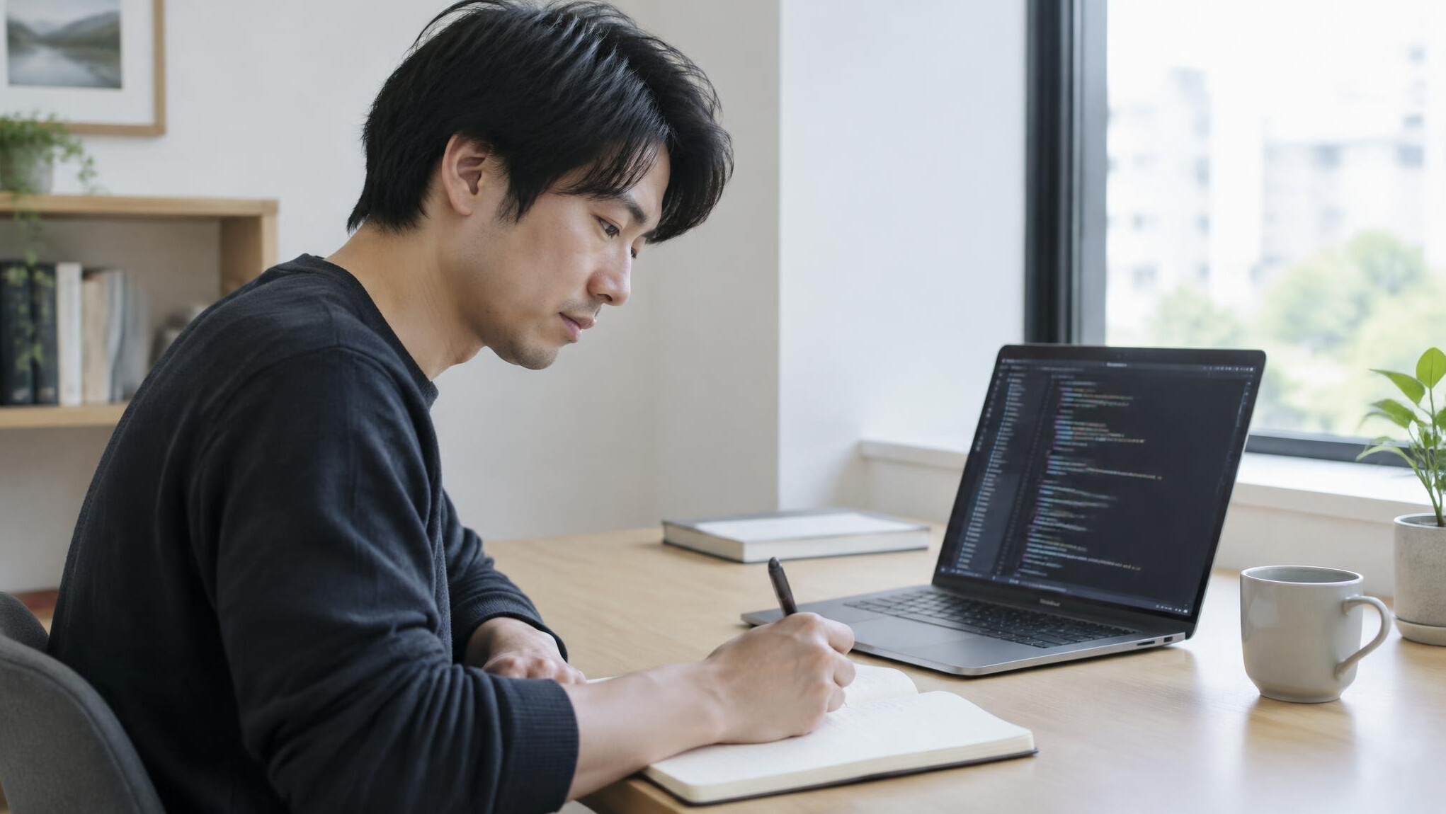 Japanese man writing notes beside an open laptop with code