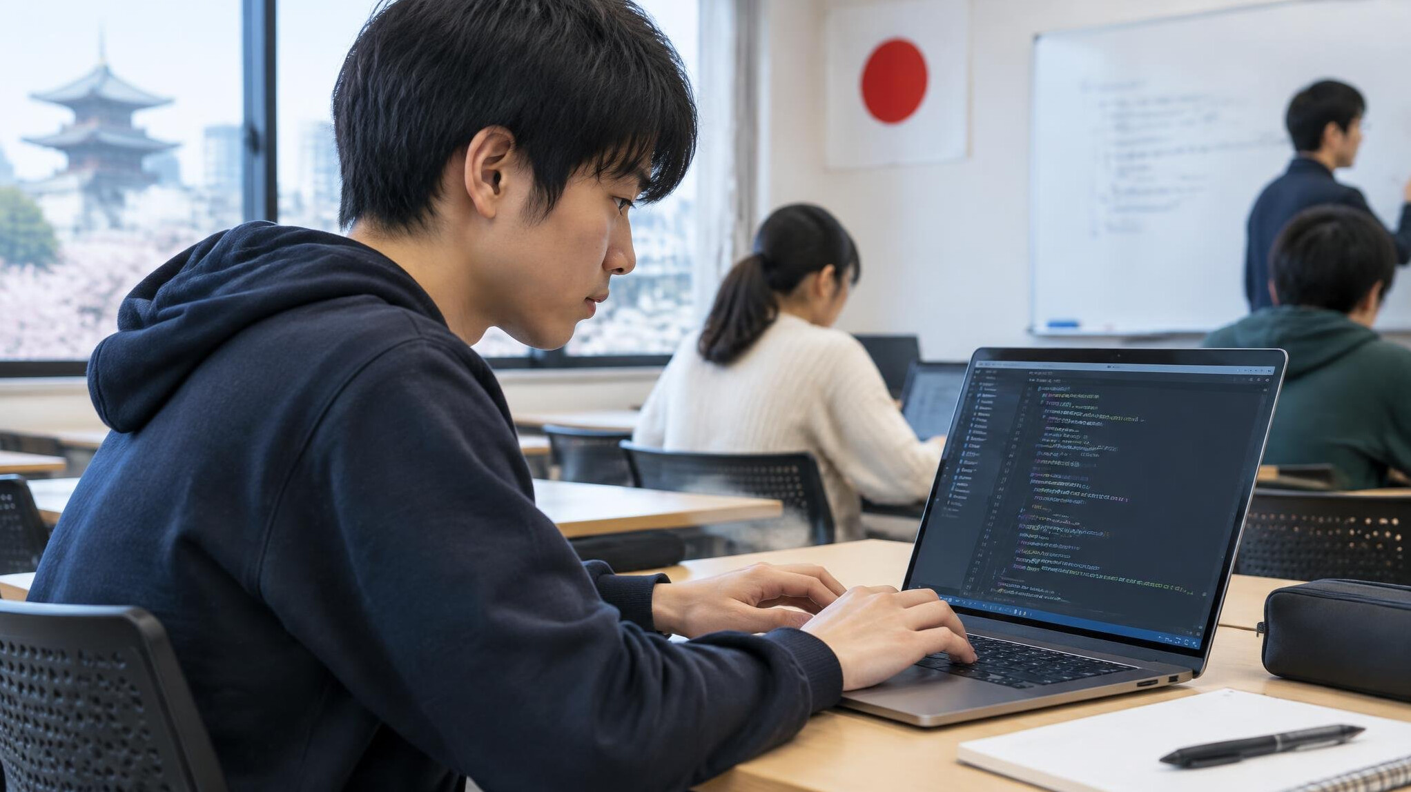 japanese student coding on laptop