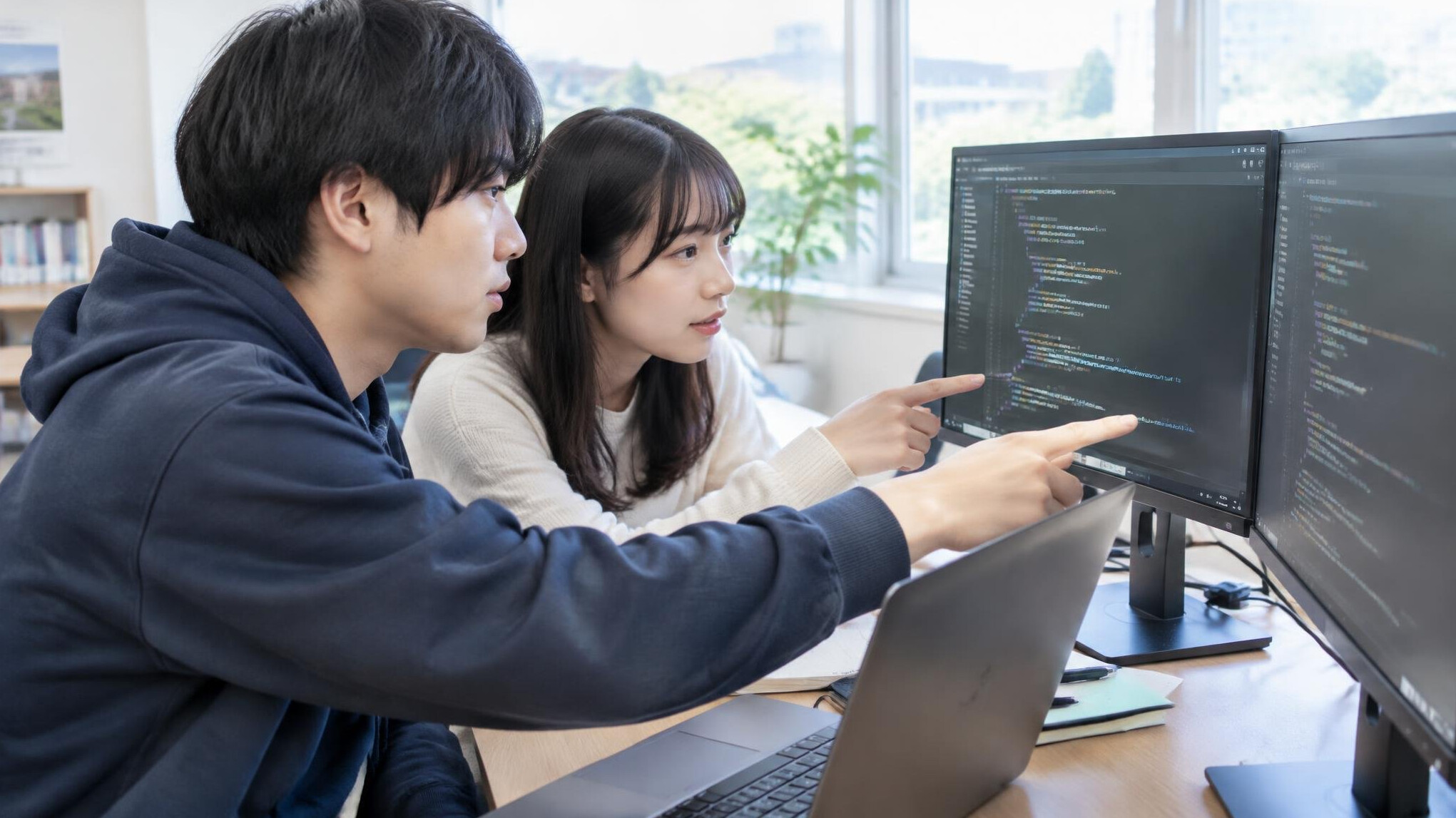 Two Japanese students reviewing programming code together on a laptop