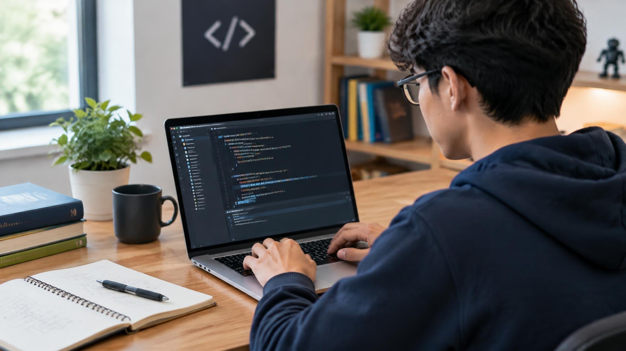 student coding on laptop