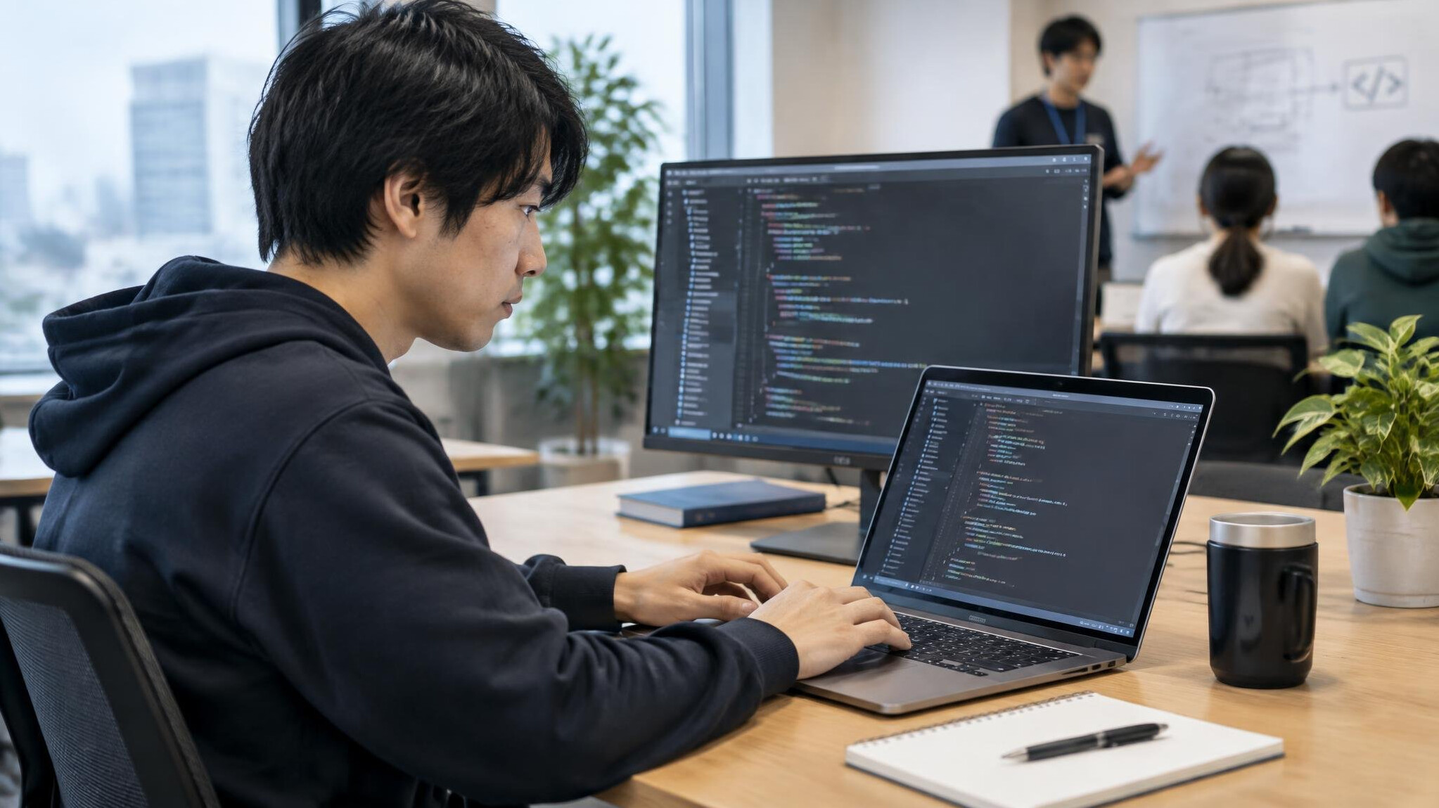 japanese programmer coding at desk